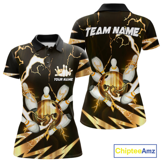 Gold Thunder Lightning bowling ball and pins jersey Custom Team Bowling Polo, 1/4 Zip Shirt For Women NQS11282