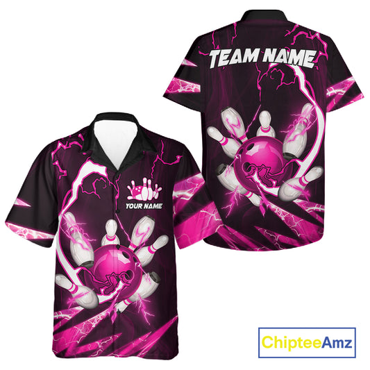 Pink Thunder Lightning bowling ball and pins jersey Custom Team Bowling Hawaiian Shirt NQS11283