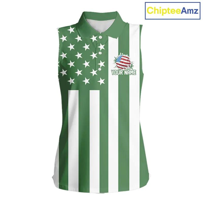 Women's Sleeveless golf polo shirts custom Red, white and green American flag Ladies Golf tops NQS11487