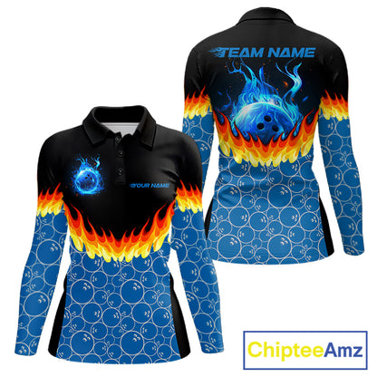 Black and Blue Camo Flame Bowling shirts for Women Custom team ladies bowling league jerseys NQS11492