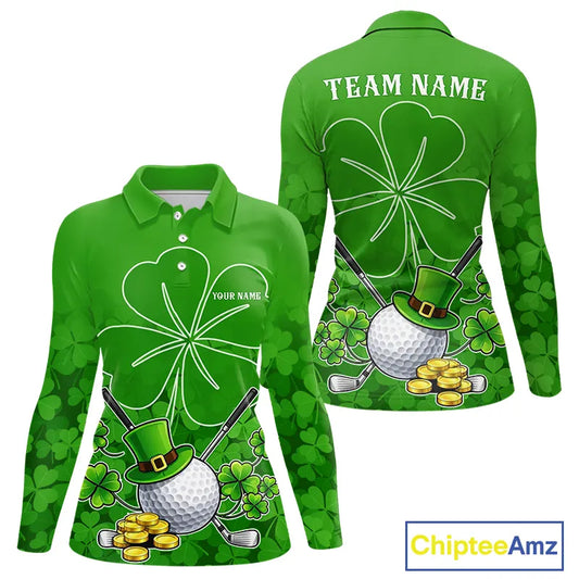 Green shamrock pattern St Patrick's Day Women's golf polo shirt custom ladies golf top, golfing gifts NQS11495