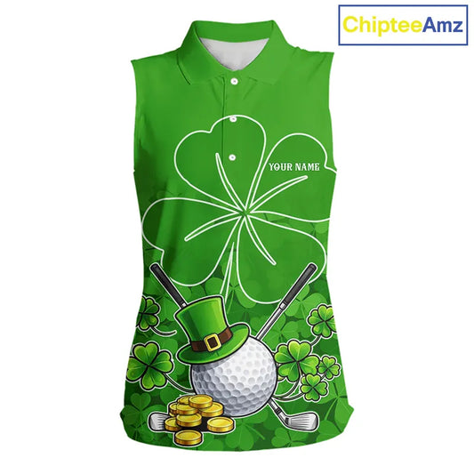Green shamrock pattern St Patrick's Day Women's Sleeveless golf polo shirts custom ladies golf tops NQS11495