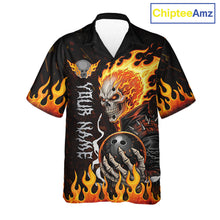 Load image into Gallery viewer, Custom Orange Flame Skull Hawaiian bowling shirts, bowling team league jerseys button up shirts NQS11496