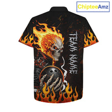 Load image into Gallery viewer, Custom Orange Flame Skull Hawaiian bowling shirts, bowling team league jerseys button up shirts NQS11496