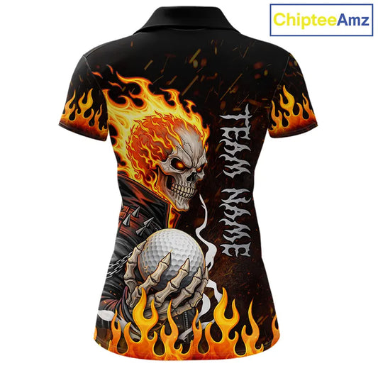 Custom Orange Flame Skull Golf Polo Shirts For Women, team ladies golf tees cool golf gifts NQS11497
