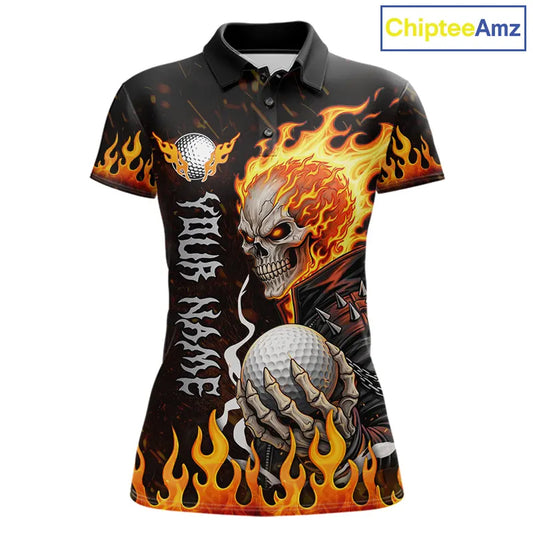 Custom Orange Flame Skull Golf Polo Shirts For Women,  team ladies golf tees cool golf gifts NQS11497