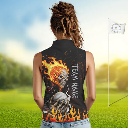 Custom Orange Flame Skull sleeveless women's golf shirts,  team ladies golf tees cool golf gifts NQS11497