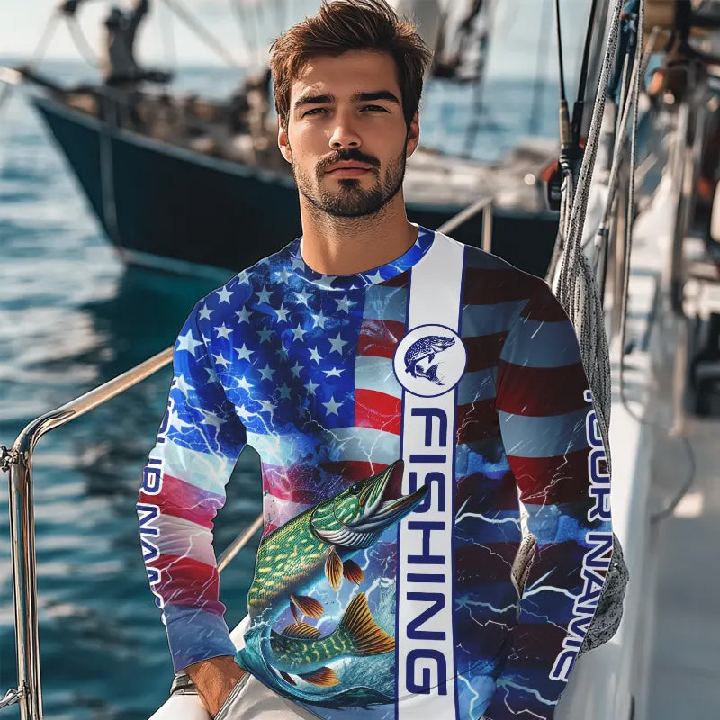 American Flag Northern Pike lightning Long Sleeve Fishing Shirts custom Patriotic Pike fishing jerseys NQS9562