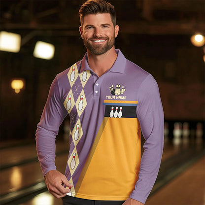 Yellow & Purple Retro Bowling Polo, Quarter Zip shirt for Men Custom vintage team bowling jersey NQS9720