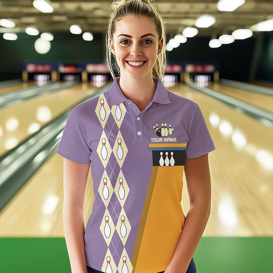 Yellow & Purple Retro Bowling Polo, Quarter Zip shirt for Women Custom vintage team bowling jersey NQS9720