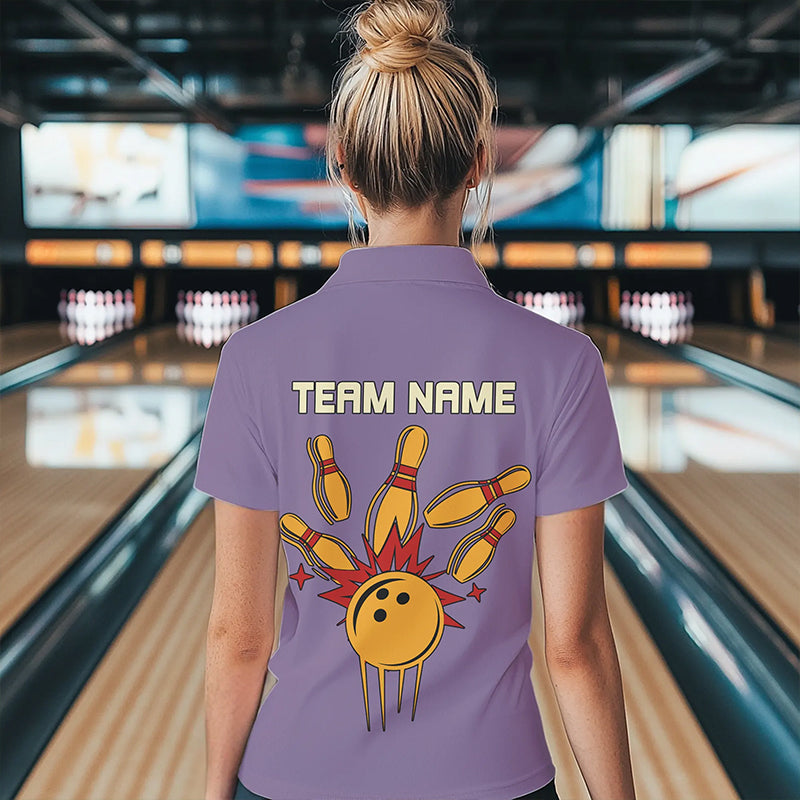 Yellow & Purple Retro Bowling Polo, Quarter Zip shirt for Women Custom vintage team bowling jersey NQS9720