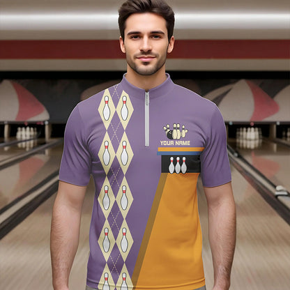 Yellow & Purple Retro Bowling Polo, Quarter Zip shirt for Men Custom vintage team bowling jersey NQS9720