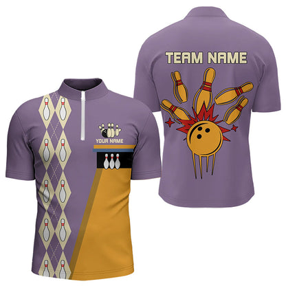 Yellow & Purple Retro Bowling Polo, Quarter Zip shirt for Men Custom vintage team bowling jersey NQS9720