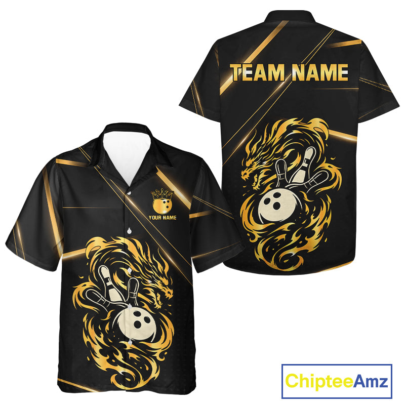 Black and Gold Flame Dragon Bowling Hawaiian Shirt Custom Bowling Team League Jersey NQS10904
