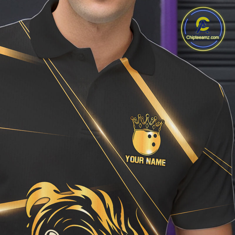 Black and Gold Flame Dragon Bowling Polo, Quarter Zip Shirt for Men Custom Bowling Team League Jersey NQS10904