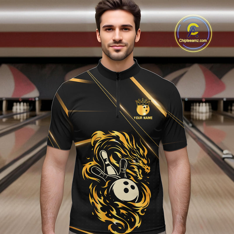 Black and Gold Flame Dragon Bowling Polo, Quarter Zip Shirt for Men Custom Bowling Team League Jersey NQS10904