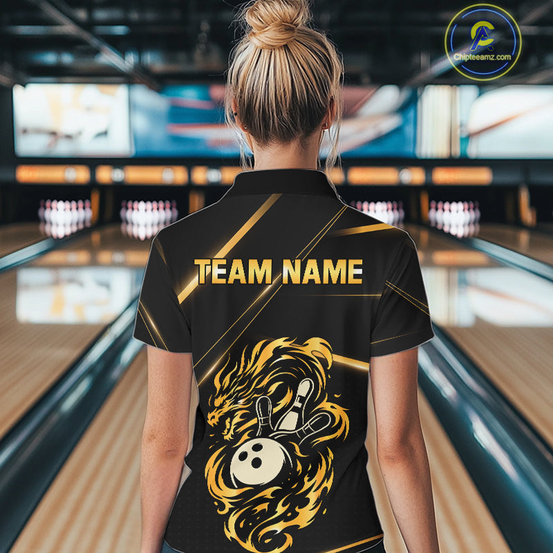 Black and Gold Flame Dragon Bowling Polo, 1/4 Zip Shirt for Women Custom Bowling Team League Jersey NQS10904