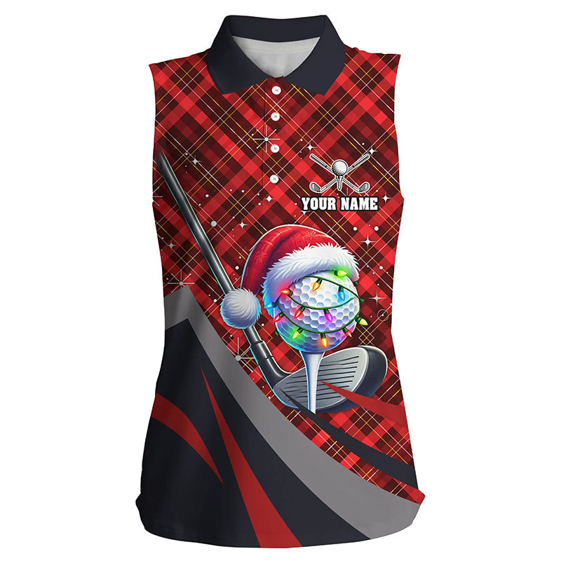 Red Plaid Christmas pattern Golf ball clubs Women sleeveless polo Shirt custom Xmas ladies golf outfit NQS8984