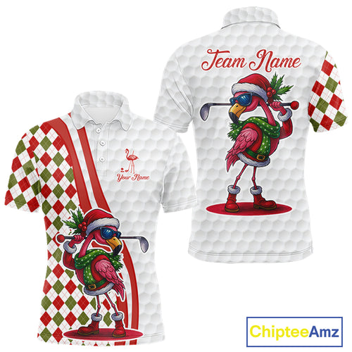 Funny Christmas Flamingo Mens golf polo shirt custom red, green and white argyle pattern golf shirts NQS11086