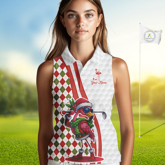 Funny Christmas Flamingo Women sleeveless polos custom red, green and white argyle pattern golf shirt NQS11086