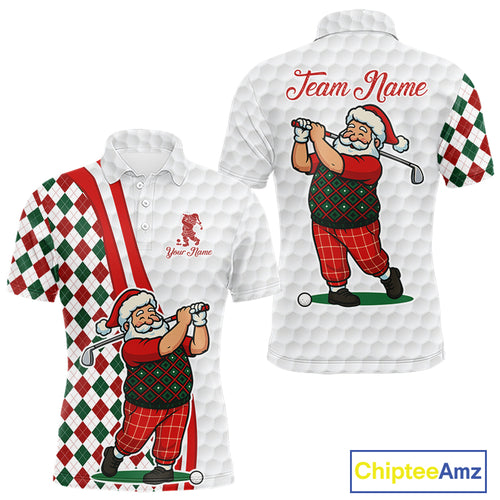 Funny Christmas Santa Golf polo shirt for men custom red, green and white argyle pattern golf shirts NQS11089
