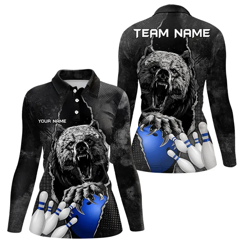 Black Bear grunge pattern Custom Women Bowling Polo, 1/4 Zip Shirt Bowling Team Jerseys Outfits | Blue NQS9407