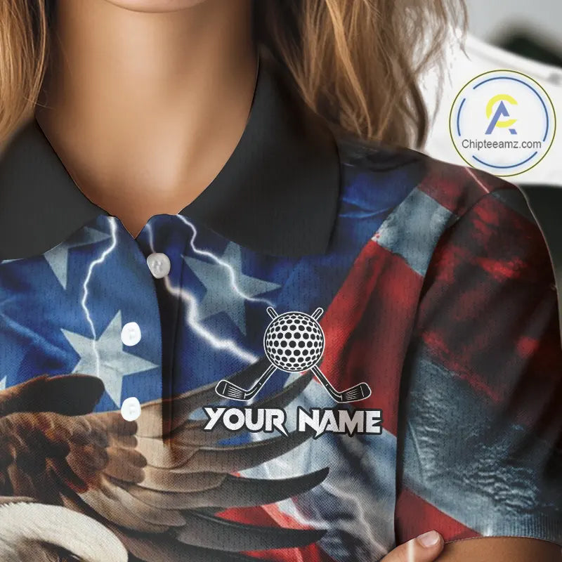 American Flag Eagle Lightning Thunder Golf Polo Shirts For Women Custom Patriotic Golf Team Jerseys NQS11503