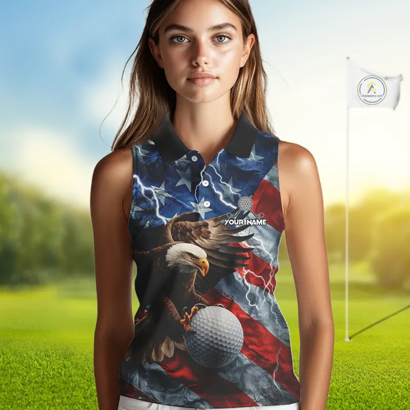American Flag Eagle Lightning Thunder Sleeveless Golf Polo Shirts Custom Patriotic Golf Team Jerseys NQS11503