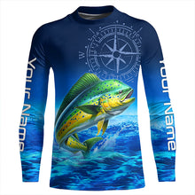 Load image into Gallery viewer, Personalized Mahi mahi Saltwater Blue Long Sleeve Performance Fishing Shirts, Dorado tournament Shirt NQS5785