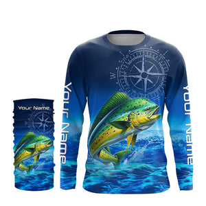 Personalized Mahi mahi Saltwater Blue Long Sleeve Performance Fishing Shirts, Dorado tournament Shirt NQS5785