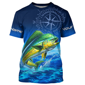 Personalized Mahi mahi Saltwater Blue Long Sleeve Performance Fishing Shirts, Dorado tournament Shirt NQS5785