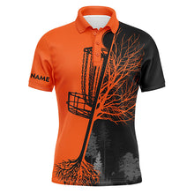 Load image into Gallery viewer, Mens disc golf polo shirt custom name black and orange disc golf basket, personalized disc golf shirts NQS6177