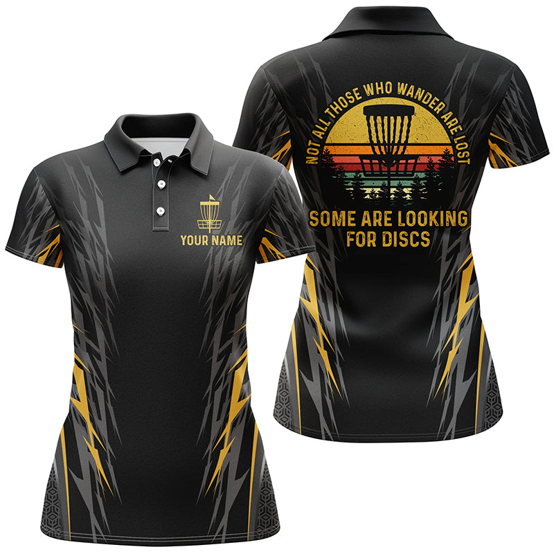 Retro Womens disc golf polo shirt Custom Not all who wander are lost, some looking for discs | Yellow NQS8750