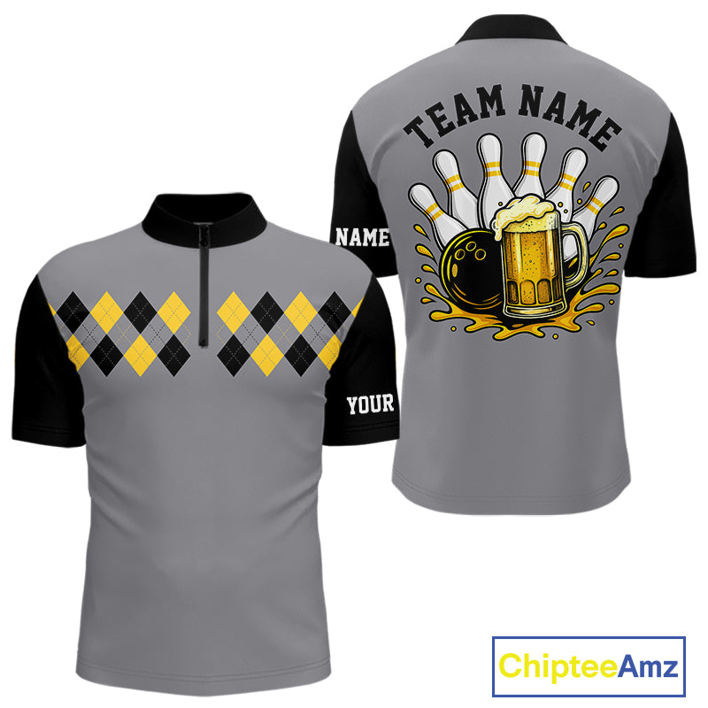 Black & Yellow argyle pattern retro Bowling Shirts For Men Custom Bowling and Beer Team Jersey | Gray NQS11095