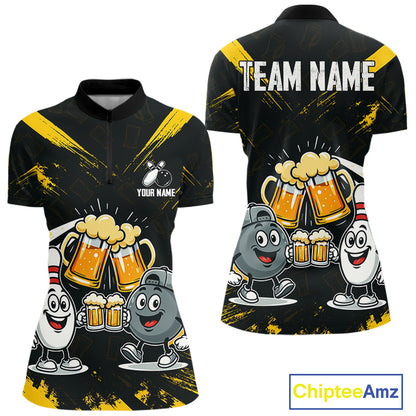 Custom Black And Yellow Funny Beer Bowling Women Polo, Quarter Zip Shirts, funny bowling shirts NQS11098