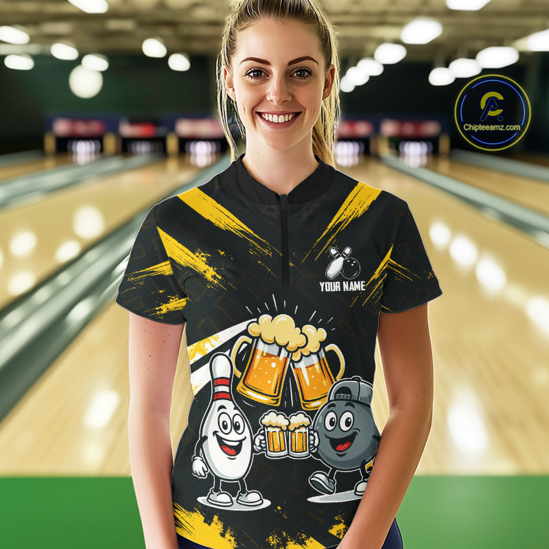 Custom Black And Yellow Funny Beer Bowling Women Polo, Quarter Zip Shirts, funny bowling shirts NQS11098