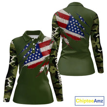 Load image into Gallery viewer, American Flag Green camo Women's Golf polo shirts Custom patriotic golf attire for ladies NQS11289