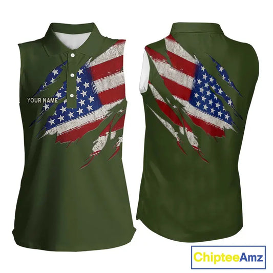 American Flag Green camo Women Sleeveless polo shirt Custom patriotic golf attire for ladies NQS11289