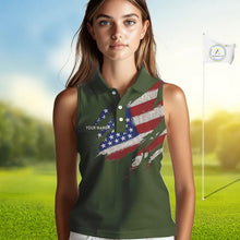 Load image into Gallery viewer, American Flag Green camo Women Sleeveless polo shirt Custom patriotic golf attire for ladies NQS11289