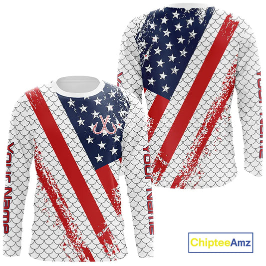 Red, white & blue American Flag Fishing scales pattern Custom patriotic Performance Fishing Shirts NQS11290