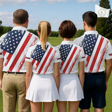 Load image into Gallery viewer, Red, white &amp; blue American Flag Womens Golf polo shirts Custom patriotic golf outfit for ladies NQS11291
