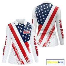 Load image into Gallery viewer, Red, white &amp; blue American Flag Womens Golf polo shirts Custom patriotic golf outfit for ladies NQS11291