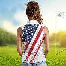 Load image into Gallery viewer, Red, white &amp; blue American Flag Womens Sleeveless polo shirts Custom patriotic golf outfit for ladies NQS11291