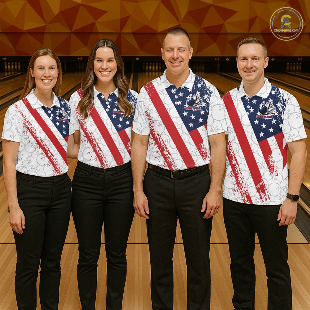Red, white & blue American Flag Bowling Shirts For Men Custom patriotic Bowling Team Jersey NQS11292