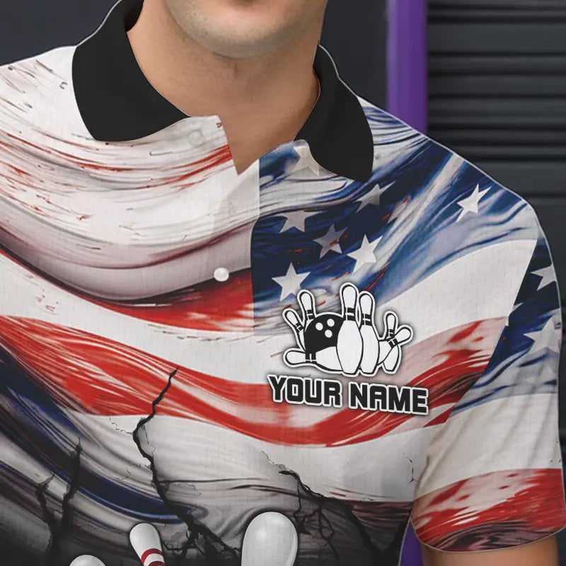 American flag Flame Bowling Polo, Quarter Zip shirts For Men custom patriotic bowling team jersey NQS9416