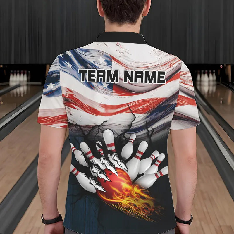 American flag Flame Bowling Polo, Quarter Zip shirts For Men custom patriotic bowling team jersey NQS9416