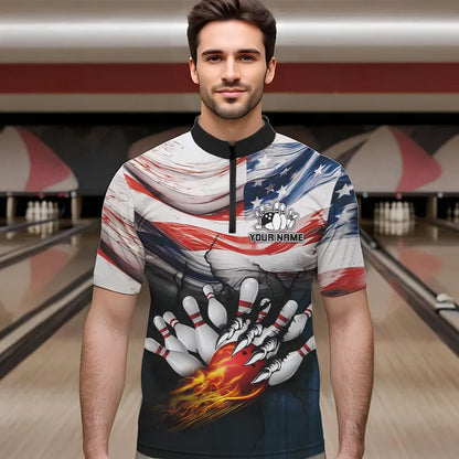 American flag Flame Bowling Polo, Quarter Zip shirts For Men custom patriotic bowling team jersey NQS9416