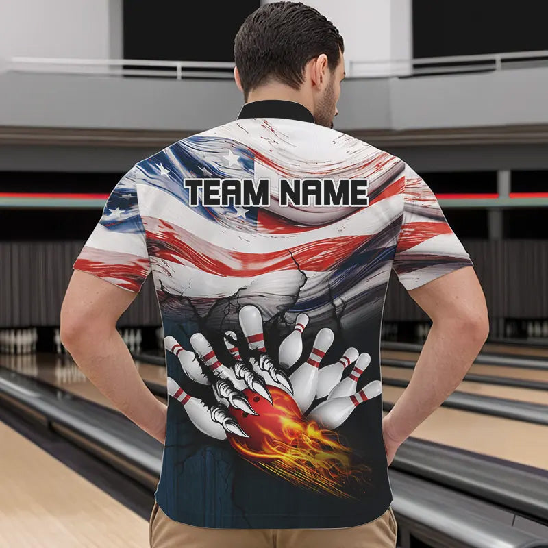 American flag Flame Bowling Polo, Quarter Zip shirts For Men custom patriotic bowling team jersey NQS9416