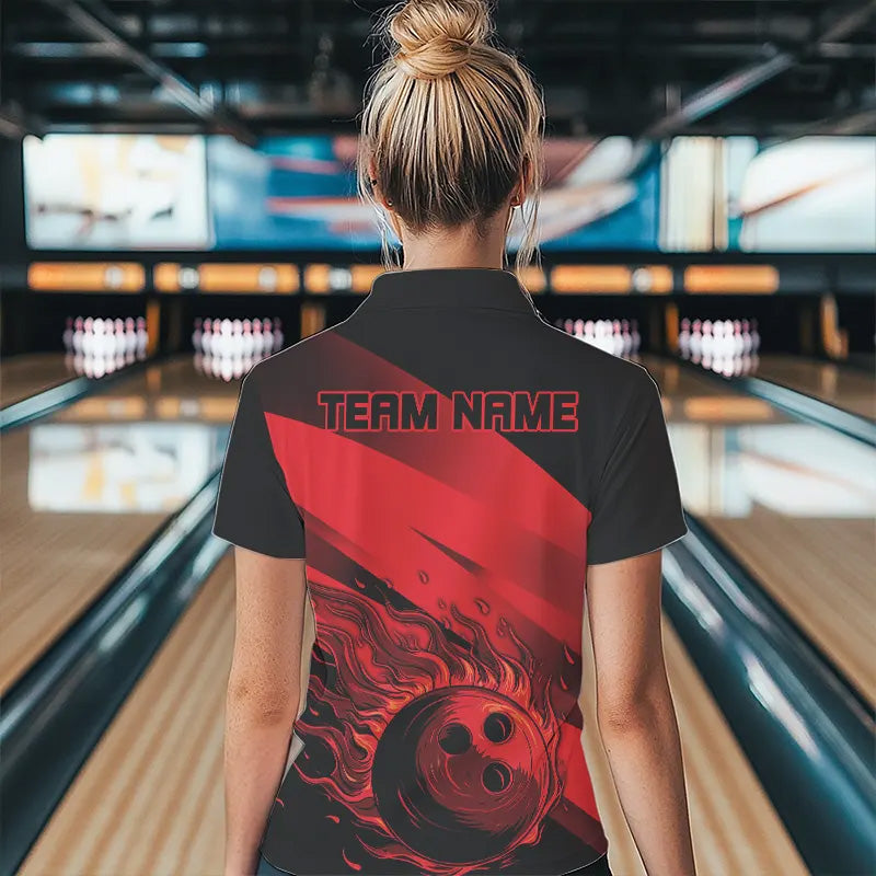 Black and Red Flame Bowling Shirts For Women Custom Flame Team Bowling Jerseys NQS9420