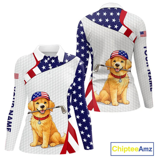 Personalized American flag golden retriever golf polo shirts for Women custom patriotic golf gifts NQS11518